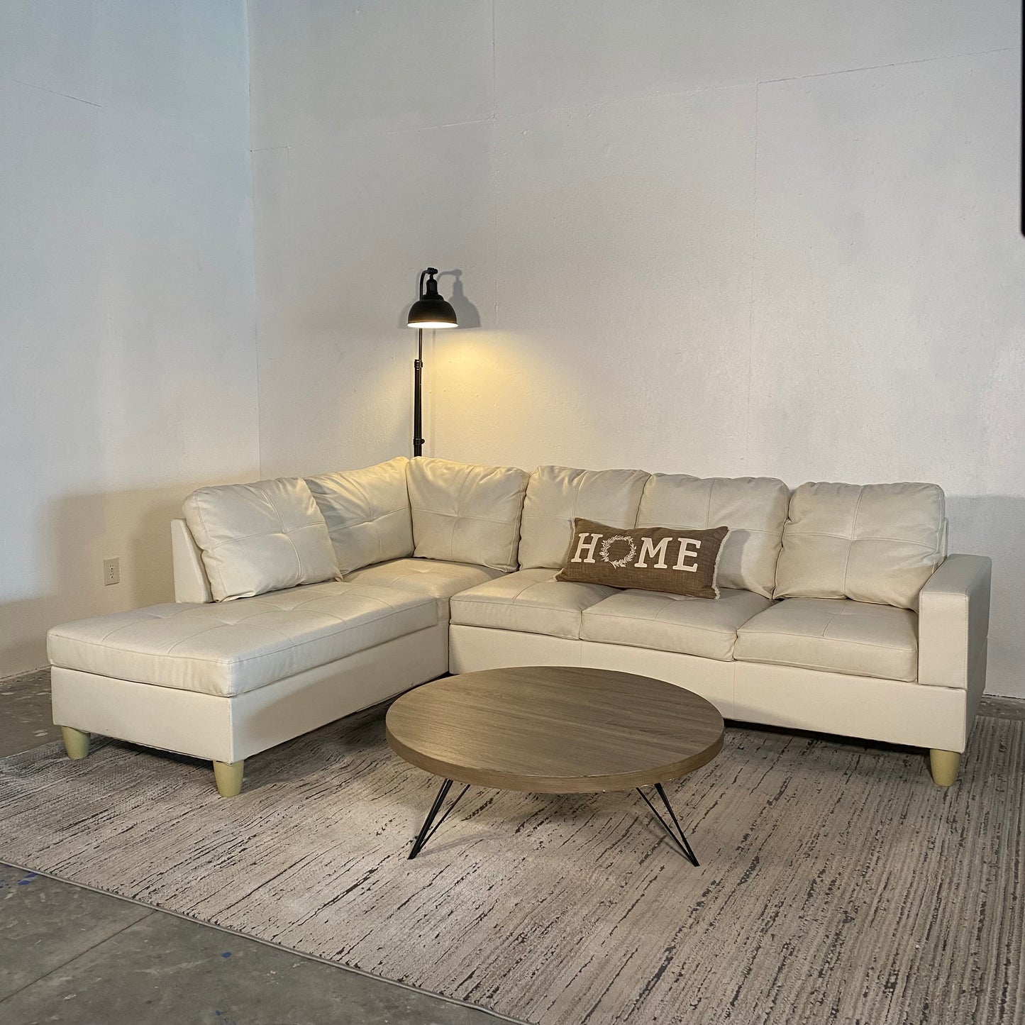 2-Piece Cream White Faux Leather Sectional Sofa