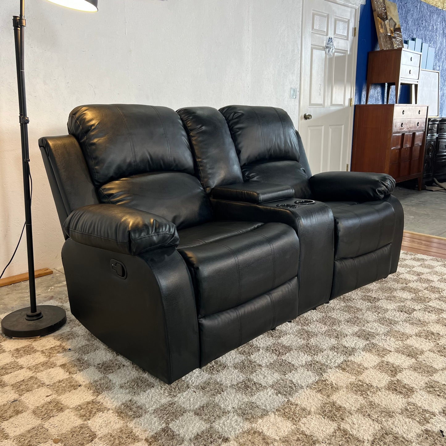 NEW Black Faux Leather Manual Reclining Loveseat