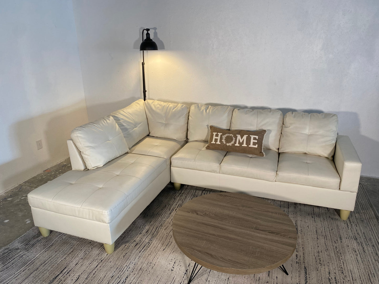 2-Piece Cream White Faux Leather Sectional Sofa