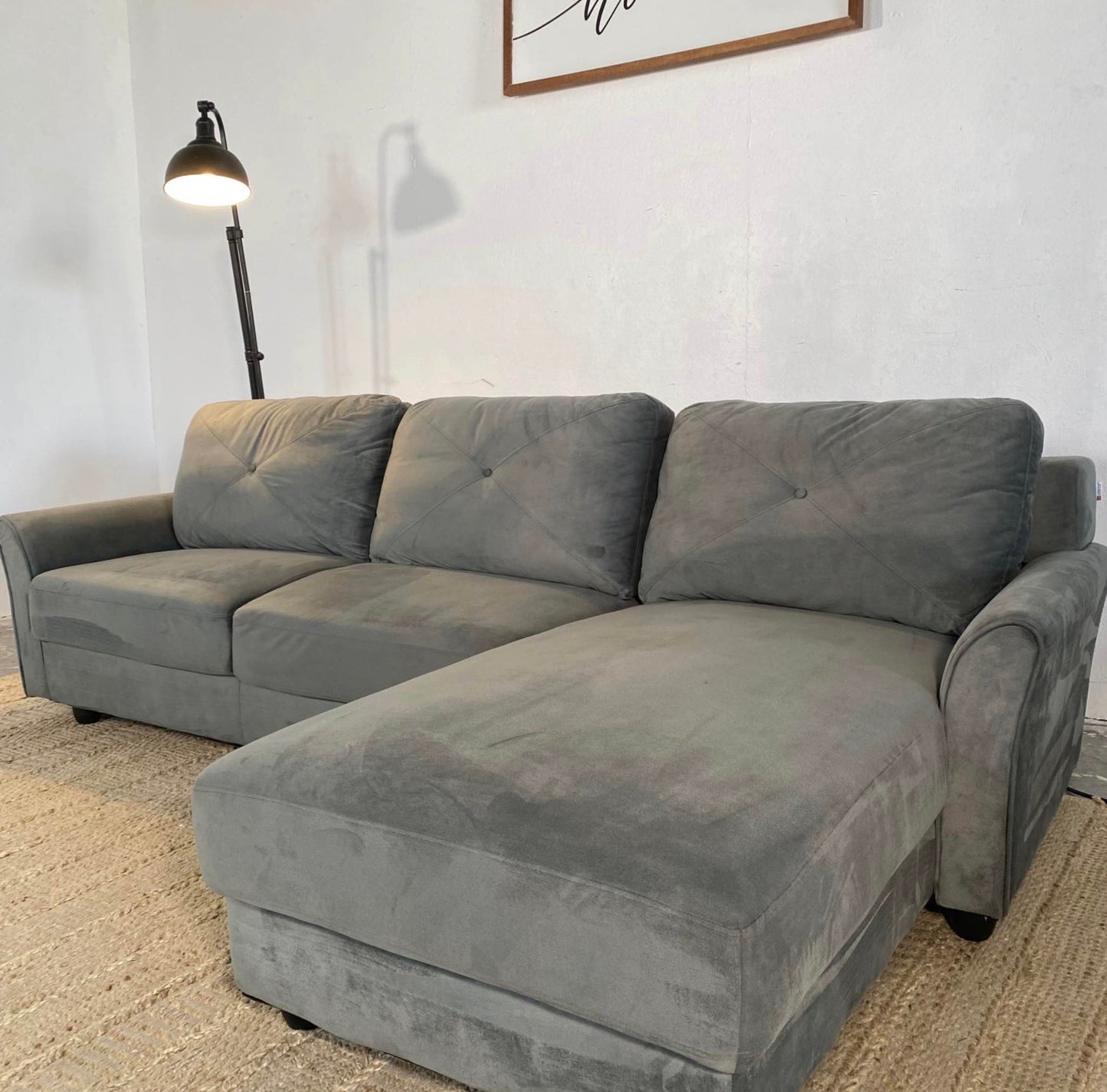 Grey Suede Reversible Chaise Sectional Sofa